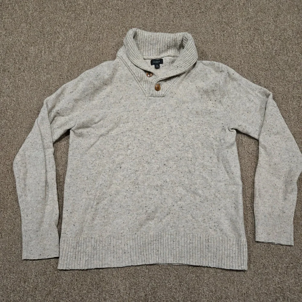 J.Crew Sweater Mens Medium Beige Merino Wool Donegal Shawl‎ Neck Pullover Knit